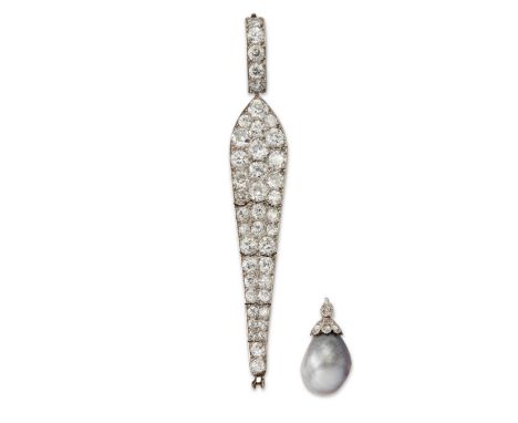 A platinum diamond and pearl pendant, the grey pearl drop with rose cut diamond set cap, to tapering pavé old brilliant cut d
