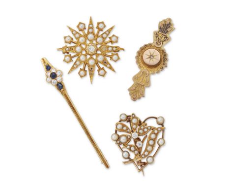 A group of four brooches, comprising: an Edwardian half pearl and diamond flowerhead cluster against an openwork heart frame;