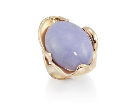 A lavender jade single stone ring, the single oval lavender jadeite jade cabochon in shaped scrolling mount, approximate dime