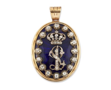 A Georgian gold, diamond and enamel locket pendant, the oval locket of dark blue translucent enamel with central applied old 
