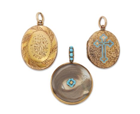 Three 19th century lockets, one with glazed covers and gold bezels, the front with an applied carved turquoise forget-me-not,