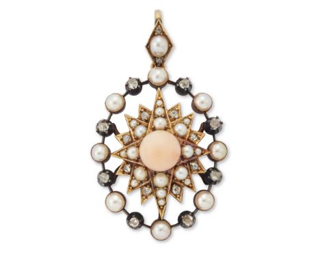 A Victorian coral, pearl and diamond pendant, a central coral&nbsp;(corallium rubrum) bouton to star motif grain set with hal
