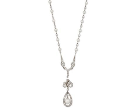 A diamond and pearl pendant and chain, the pendant with a pearl and diamond drop with openwork pear shaped diamond set frame,