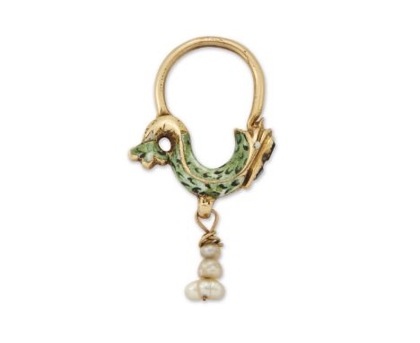 A single 17th century Italian enamel and pearl hoop earring,&nbsp;in the form of a stylised dolphin, suspending a pearl tasse