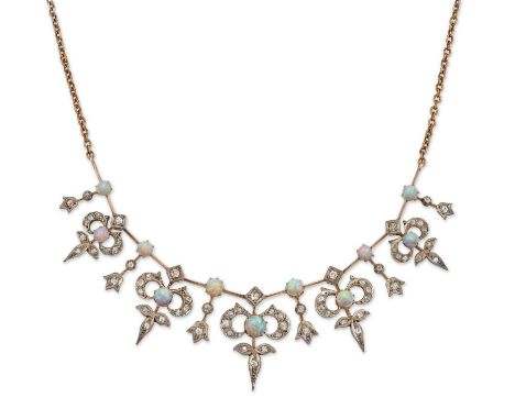 An Edwardian diamond and opal necklace, composed of five graduated foliate and scroll panels each set in the centre with a ca
