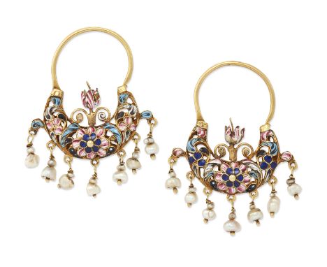 A pair of 17th/18th century Italian enamel and pearl earrings, Sicily, of arched 'navicella' form with floral enamel decorati