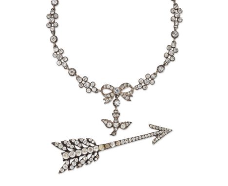 A French silver paste set necklace, with Saint Esprit dove and bow pendant, and paste set chain, French assay mark, length 39