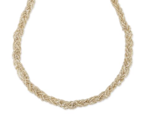 An early 20th century seed pearl neckace,&nbsp;six plaited rows of seed pearls, to lozenge shaped rose cut diamond set clasp 
