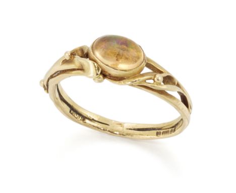 An 18ct gold opal single stone ring,&nbsp;split shoulders with applied foliate decoration and a two row hoop, London hallmark