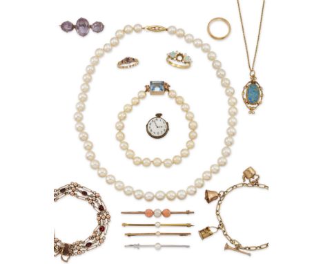 A group of jewellery,&nbsp;comprising: a 22ct gold wedding ring, London hallmarks, 1892, ring size M; an 18ct gold opal and d