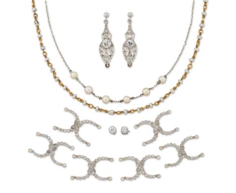 A group of jewellery,&nbsp;comprising: a gold pearl set chain (jump ring lacking), length 32.5cm; a platinum chain with pearl