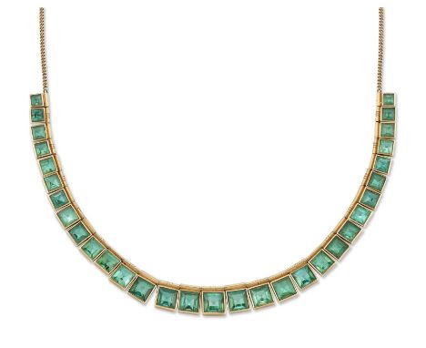A Continental green tourmaline fringe necklace,&nbsp;with a row of graduating collet set square step cut green tourmalines, t