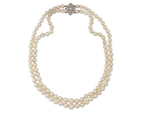 A two row cultured pearl necklace with diamond clasp, two rows of graduated cultured pearls approximately 5.5 to 8.5mm, strun