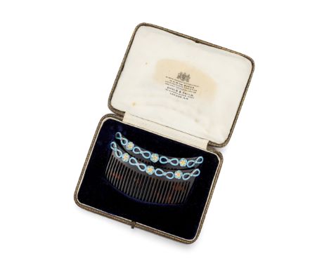 Child & Child. A pair of tortoiseshell and enamel hair combs, with blue and yellow guilloché enamel bows and floral decoratio
