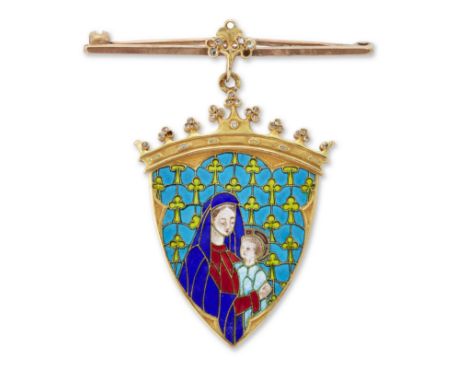 A French gold plique-à-jour enamel and diamond pendant, in the form of a stained glass window of shield shape, depicting Mado