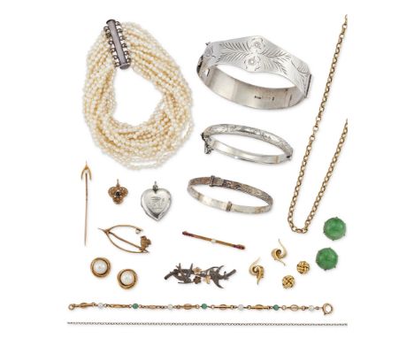 A group of jewellery, comprising: a 9ct gold oval belcher link chain, Sheffield hallmarks, length 42cm; a cultured pearl and 