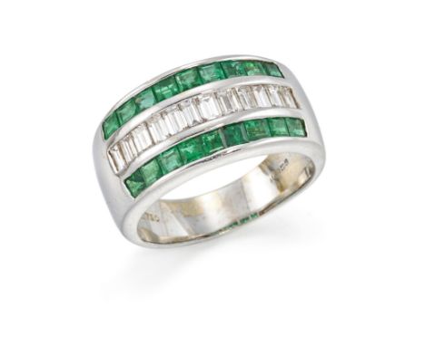 David Morris. An 18ct white gold emerald and diamond half-hoop ring, of three row design channel set with baguette cut diamon