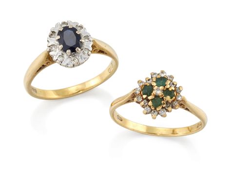 Two 18ct gold cluster rings, one with an oval mixed cut sapphire to single cut diamond surround, Birmingham hallmarks, 1971, 