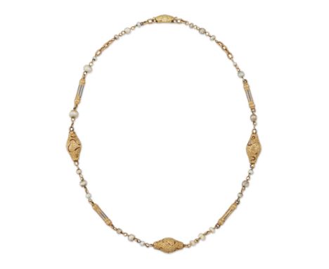 An Italian pearl and enamel bead necklace, 18th/19th century, gold bicone beads with scroll engraving and enamel decoration, 