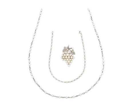 A small group of pearl jewellery,&nbsp;comprising: a section of pearl set chain, length 21cm; a section of pearl and brillian
