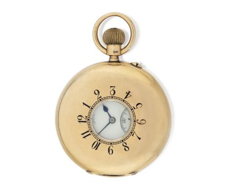 R J Rowell, Oxford. An 18ct gold half hunter keyless wind lever pocket watchLondon hallmark for 1908Three quarter gilt plate 