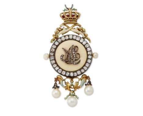 A 19th century diamond and enamel pendant, designed as a circular pale yellow guilloché enamel disc with applied rose cut dia