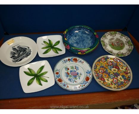 A tray of plates including Spode, Royal Doulton, Portmeirion, etc. and a Studio pottery shallow bowl.