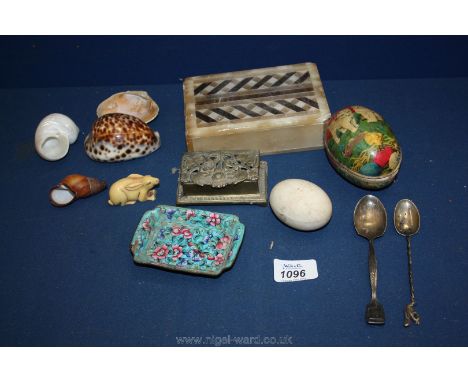 A quantity of miscellanea including alabaster box, enamel pin dish, shells, etc.