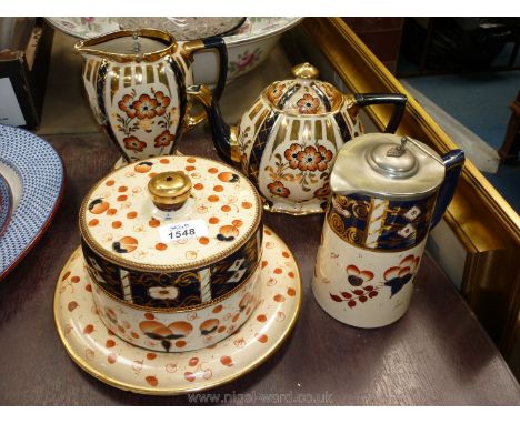 A Sadler, Burslem jug with lid, Gaudy Welsh blue 1930's together with other cheese dish, teapot and water jug.