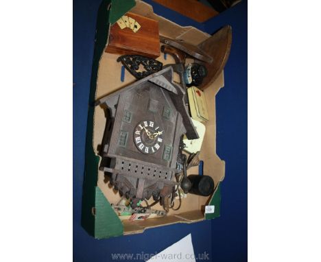 A vintage ivorine dressing table set, wooden corner shelf, tins, an old 'G' clamp with wooden handle, a cuckoo clock, a woode