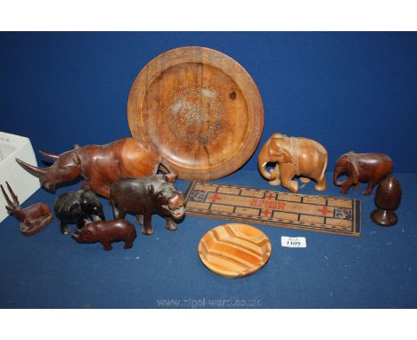 Miscellaneous wooden animals, Red Cross cribbage board, etc.