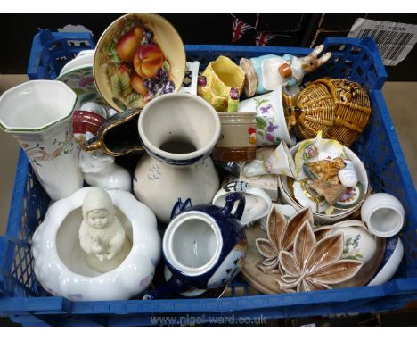 A quantity of china including Aynsley, Wedgwood, a Devon honey pot, wade, a hyacinth bulb planter, a Royal Albert.