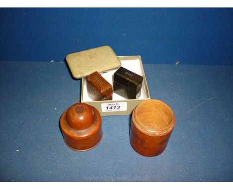 A pocket inkwell and match case together with a small cigarette case (***NOT Silver) and a wooden screw top round case.