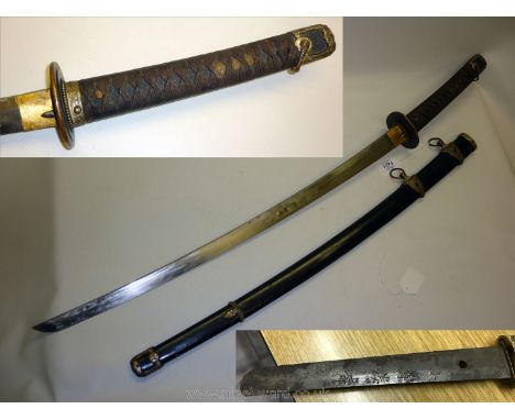 A fine old Samurai Sword having oval bronze Tsuba/hand guard, alternating twist handle wrap securing two menuki/palm ornament