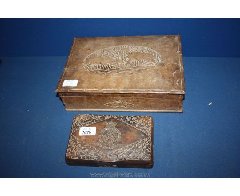 An Oriental carved wooden Box with an emblem of Shropshire Light Infantry and a hand carved wooden Box with floral decoration