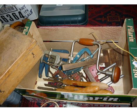 Three pairs of G clamps, two mallets, 6 wood-turning chisels, two bench vices, etc.,