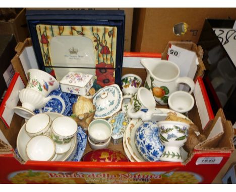 A quantity of small china items including Portmeirion egg cups and jug, trinket pots, Spode dish, Doulton Bunnykins bowls, We