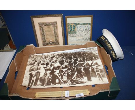 A vintage Sea Cadet corps cap with tally band, two slide rules 'The Unique' and 'The Classic' and a large print of a  militar