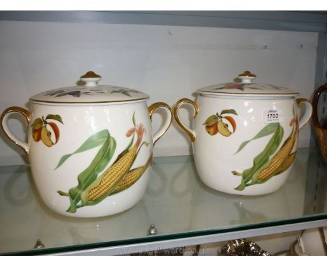 Two Royal Worcester 'Evesham' pattern lidded casserole pots.