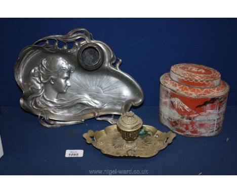 An Art Nouveau pewter Standish (a/f) and a brass Inkwell.