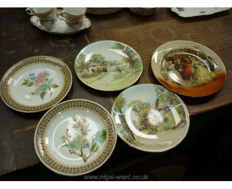 Two Royal Worcester Botanical plates, two Royal Worcester landscape plates signed A. Badham and a Royal Doulton plate Sir Rog
