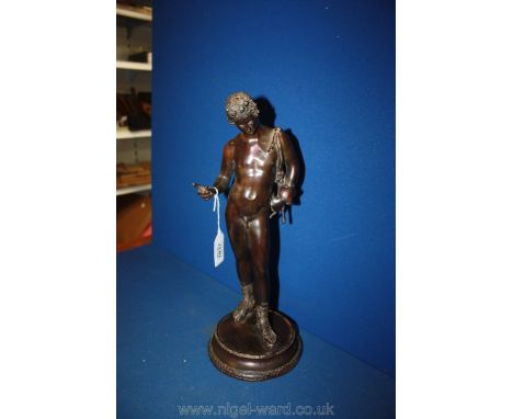 An Italian bronze sculpture of a classical huntsman figure, purchased from a gallery in Florence, 14 1/2" tall approx.