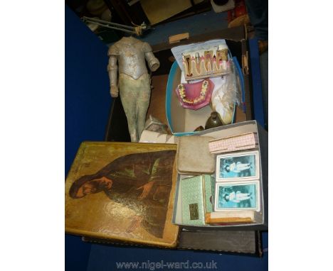 Two pieces of dental teaching Tools and three Italian hanging charts, four ivory napkin rings, wooden plaque of Jesus, vintag