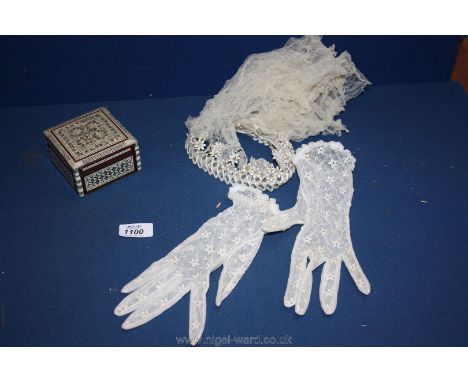 A vintage bridal Headdress and gloves with an inlaid jewellery box.