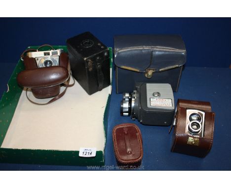 A leather cased Ross Ensign Ful-Vue Super camera, an old Kodak boxed camera, a cased Retinette 1A Kodak camera and a cased Ho