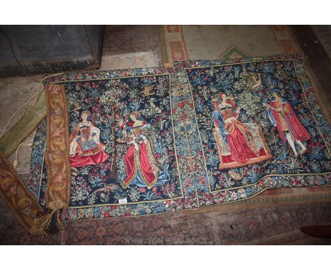 Two modern tapestry wall hangings and a needlepoint bell pull.
