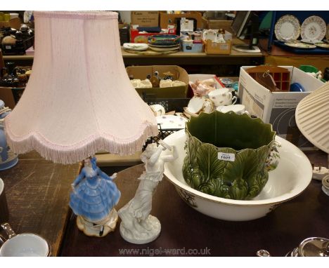 A Royal ware wash bowl decorated with birds, together with a green jardiniere, a china lamp with shade depicting a lady in a 