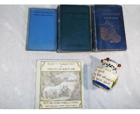 A Torquay Ware puzzle jug marked Long Park, Torquay to the base, 9.5cm (h) and four books comprising Three Men in a Boat, Jer