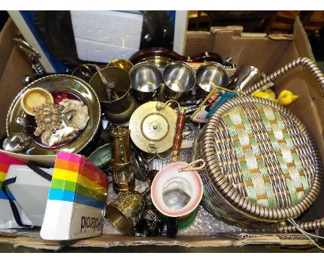 A mixed lot to include brass ware, sewing box, ceramics, barometer and similar 