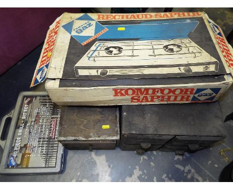 A Komfoor Saphir gas cooker, a forty piece drill and bit set and two wooden tool cabinets (4)